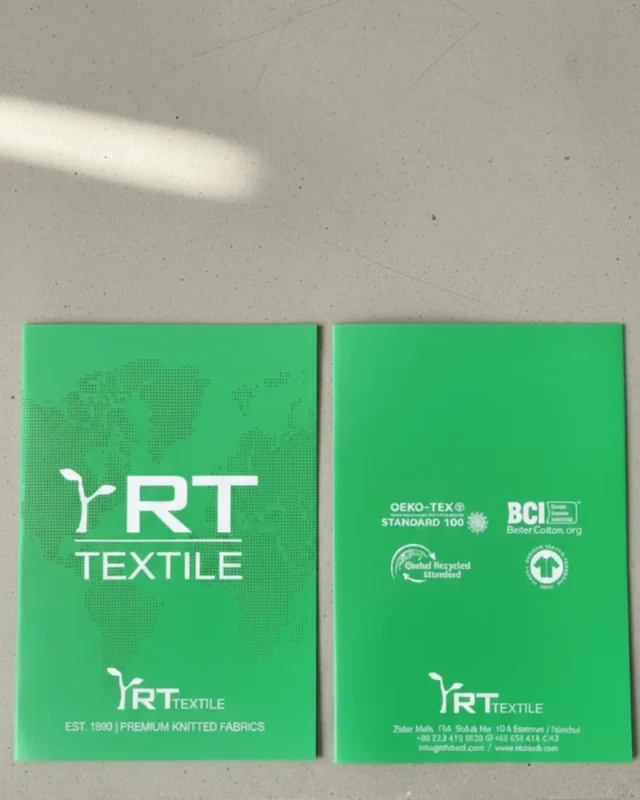 RT Textile fabric swatch card showing OEKO-TEX, GOTS, GRS and BCI certifications
